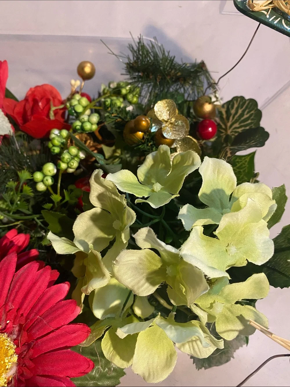 Artificial Mixed Floral Arrangement - Red, Yellow, Green. A variety of items